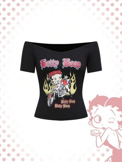 Betty Boop | ROMWE Camiseta casual de manga corta con hombros descubiertos con gráfico de letra y figura de dibujos animados