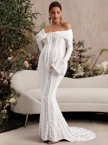 MaterniChic Vestido elegante con hombros descubiertos, mangas acampanadas y cola de pez para mujeres embarazadas
