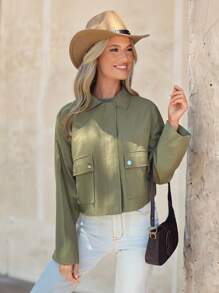 Wildy Chaqueta ligera de mujer minimalista y casual en verde salvia, chaqueta de otoño para mujeres, chaqueta de primavera para mujeres, chaqueta de verano para mujeres en verde oliva, chaqueta de invierno para mujeres, vuelta al colegio, graduación, atuendo occidental para mujeres, atuendo campestre para mujeres, blusas de salida para mujeres, blusas de trabajo para mujeres - Verde - Ver 5