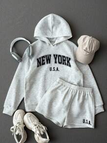 Light Grey Hooded Teen Girls Sweatshirt Co-Ord With Pocket And Casual Shorts Fall Winter