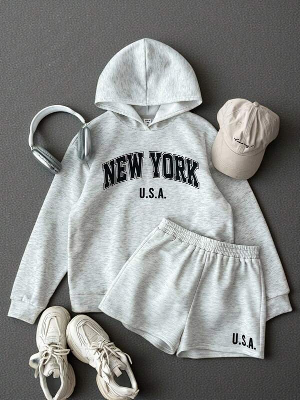 Light Grey Hooded Teen Girls Sweatshirt Co-Ord With Pocket And Casual Shorts Fall Winter