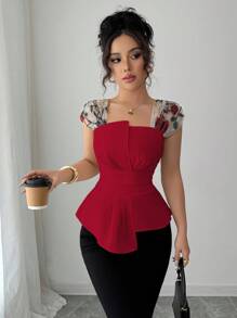 Elenzga 女式束腰不对称拼接刺绣网眼衬衫 - 紅色 - 查看 3