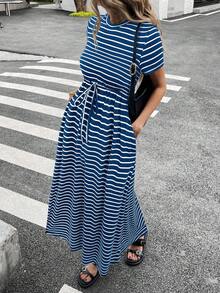 Siren Gaze 女式条纹圆领短袖抽绳腰口袋休闲中长连衣裙