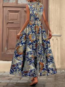 EMERY ROSE V 领裹身式全印花背心裙长款女装