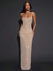 SHEIN BAE Autumn Solid Khaki Rhinestone Crystal Shiny Spaghetti Strap Round Neck Bodycon Backless Sexy Elegant Women's Dress, Suitable For Party, Nightclub, Cocktail Party, Banquet, Night Out,  Glitter Dress, Party Dress - Khaki - View 5