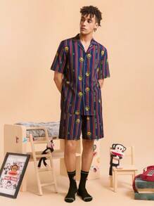 Paul Frank X SHEIN Men's Color Block Striped & Cartoon Pattern Button Front Short Sleeve Top And Shorts Loungewear Set - Multicolor - View 3