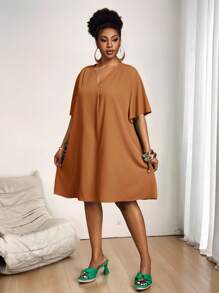 Slaydiva 新款优雅休闲/商务休闲女式短袖雪纺V领宽松荷叶袖连衣裙，秋季女装 - 棕色 - 查看 3