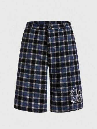 Prep Pantaloncini casual da uomo a quadri con ricamo, lunghezza al ginocchio