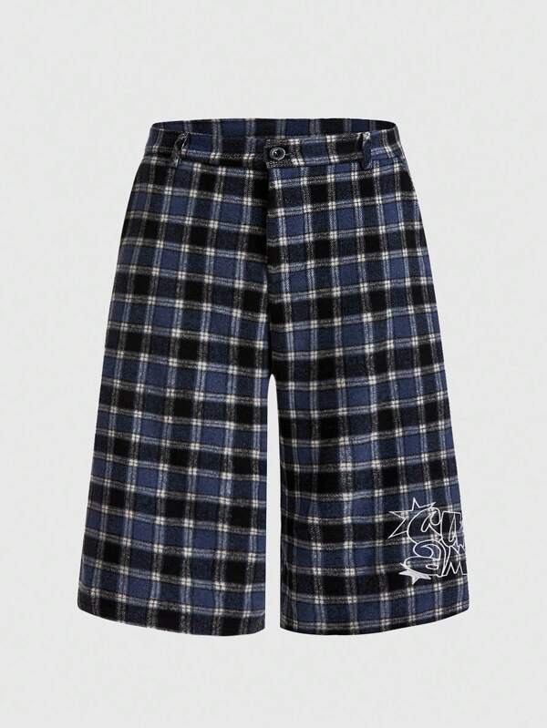 ROMWE MEN Prep Men's Plaid Embroidered Casual Knee-Length Shorts