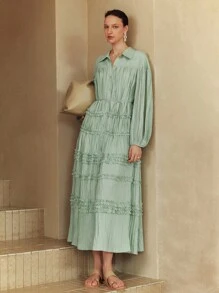 Arave 纯色棉质褶皱荷叶边领全纽扣装饰长款泡泡袖系带宽松休闲沙滩度假连衣裙，适合女士，春夏秋季 - 綠色 - 查看 7