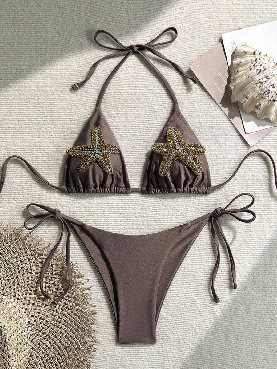 Swim Chiccia Springbreak 女款新款海星水鑽裝飾上衣與側綁比基尼泳褲套裝,高端 2 件式泳衣,波希米亞風,適合夏季海灘度假節慶 - 咖啡棕 - 查看 1