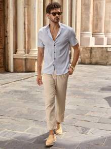 HIMLAND 男士松紧腰休闲日常通勤半正式裤男士亚麻裤男士米色裤子男士夏季裤子男士休闲裤轻便男裤，秋季 - 卡其色 - 查看 1