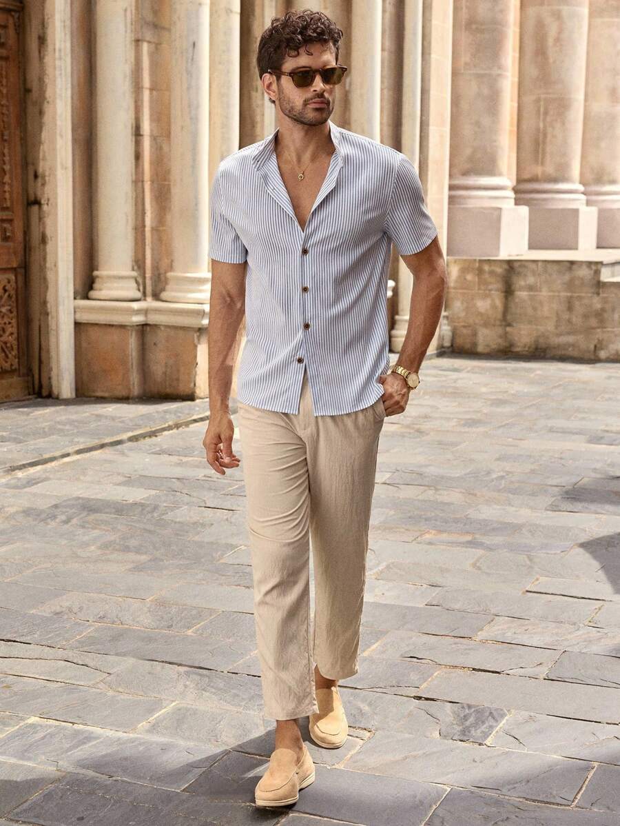 HIMLAND 男士松紧腰休闲日常通勤半正式裤男士亚麻裤男士米色裤子男士夏季裤子男士休闲裤轻便男裤，秋季 - 卡其色 - 查看 1