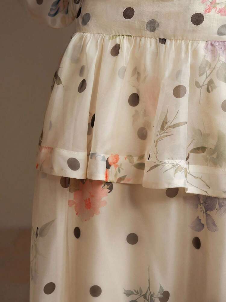 Women's Polka Dot & Floral Print Layered Ruffle Hem Maxi Skirt, Elegant For Spring/Summer Resort