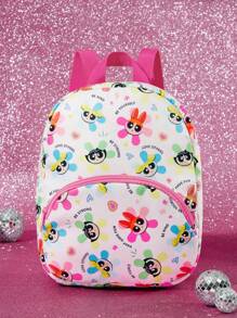 THE POWERPUFF GIRLS X SHEIN 1 件可爱卡通图案印花涤纶背包，幼儿背包，学龄前 3 岁以上，可调节肩带，适合男孩和女孩，泡泡、花朵、毛茛、爱心 - 彩色 - 查看 2