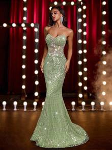 Glamrae 奢华串珠紧身胸衣，胸部褶饰，腰部手工装饰，可调节系带后背，美人鱼轮廓正式晚礼服（重装饰） - 綠色 - 查看 4