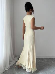 Elenzga Women's Wedding Guest Dress, Date Night Dress, Cute Cream Lace Dress, Knit Dress For All Seasons - Yellow - View 2