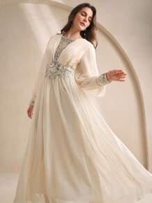 Anewsta 女士时尚新款性感镂空修身长袖水钻亮片优雅派对连衣裙 - 杏色 - 查看 3