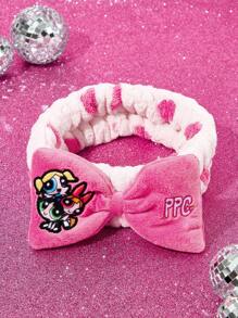 THE POWERPUFF GIRLS X SHEIN 1 件花朵、泡泡、毛茛刺绣柔软蝴蝶结头带，浴室和淋浴头带，适合洗脸和化妆，粉色发带 - 粉色 - 查看 2