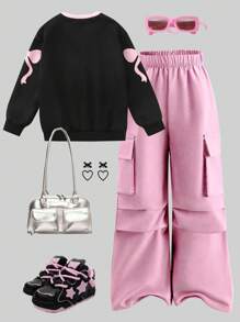 Tween Girls Spring/Autumn Casual Sweatsuit, Retro American Style Pink Numeric & English Letter Bow Print Knit Fabric Crew Neck Long Sleeve Sweatshirt Paired With Solid Pink Woven Fabric Fashionable Cargo Pants 2 Pieces Set, Suitable For Back To School, Daily Casual, Outdoor, Travel, Photography, Y2K Street Style Fall Winter