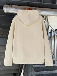 SHEIN 青少年男孩黑色秋季街頭風口號印花衛衣，返校畢業季百搭舒適套頭衫，適合日常休閒運動 - 杏色 - 查看 6
