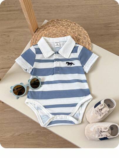 男婴休闲百搭彩色条纹翻领短袖连体衣，适合室内外穿着，春夏款