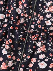 SHEIN 秋冬季青少年女孩休闲碎花连帽束腰中长外套 - 藍色 - 查看 5