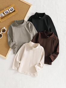 SHEIN Playful Pals 4 Pack Infant & Toddler Boys All-Match Solid Color Turtleneck Long Sleeve T-Shirts, Versatile For Everyday Wear, Suitable For Spring & Autumn Chic Outfits For Autumn/Winter Fall