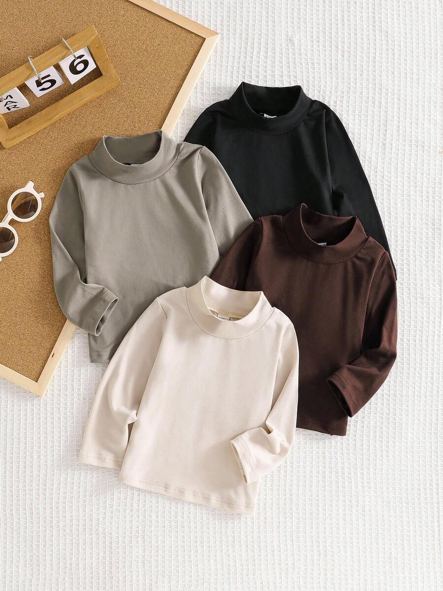 SHEIN Playful Pals 4 Pack Infant & Toddler Boys All-Match Solid Color Turtleneck Long Sleeve T-Shirts, Versatile For Everyday Wear, Suitable For Spring & Autumn Chic Outfits For Autumn/Winter Fall