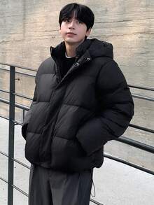 DAZY 男式纯黑色连帽加厚冬季夹克 - 黑色 - 查看 6