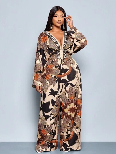 SOLERSUN Women's Elegant Chain Print Batwing Long Sleeve Jumpsuits Fall Cloth For Women