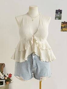 Dreamara 女士黄色露背荷叶边衬衫，甜美性感，适合夏季度假 - 杏色 - 查看 1