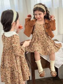 LMoss Kids Conjunto de 2 piezas de ropa de niña bebé con camisa corta casual de unicolor tejida y vestido camisero con estampado floral ditsy para otoño e invierno - Multicolor - Ver 7
