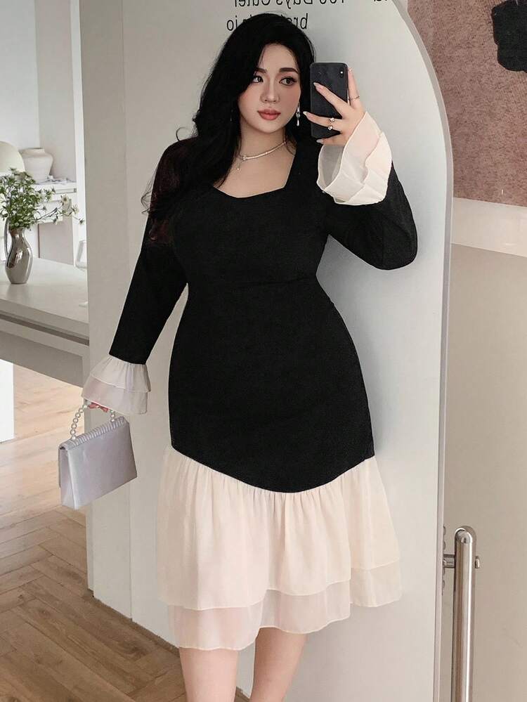 Dazy Plus Plus Size Women Square Neck Bodycon Party Dress With Contrast Color Cuff And Hem Fishtail Design Long Sleeve Dress