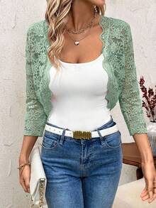 SHEIN Clasi Women's Floral Lace 3/4 Sleeve Open Front Cropped Lightweight Jacket In Fall/Winter - Mint Green - View 6