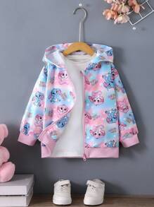 年轻女孩的可爱兔子印花长袖连帽拉链休闲夹克，秋季风格。 - 彩色 - 查看 3