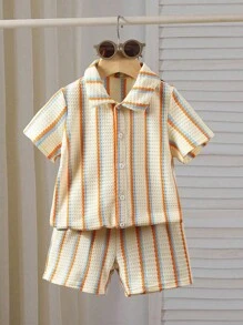 SHEIN 2pcs Young Boy Textured Stripe Knit Shirt And Shorts Set - Multicolor - View 1