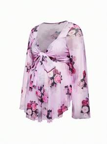 SHEIN Maternity Floral Print Elegant Long Sleeve Shirt - Pink - View 3
