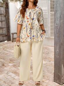 Rusticease 2 件加大码套装：复古花卉印花荷叶边衬衫和卡其裤，休闲乡村风格春夏季度假两件套度假服装女士乡村音乐会服装乡村服装女士度假两件套 - 彩色 - 查看 3