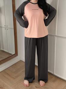 Dazy Plus Set di abbigliamento casual oversize con stampa di lettere, maniche a raglan larghe e patchwork a contrasto, adatto per l'autunno e l'inverno