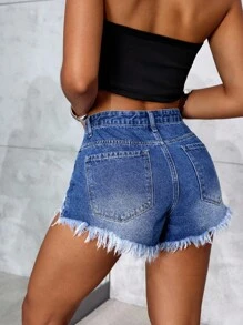 SHEIN ICON Letnie, swobodne, sprane, zniszczone szorty dżinsowe - Średni jeans - Zobacz 3