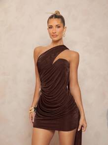 Lumalex Vestido mini ajustado con volantes asimétricos y decoración de metal para mujeres - Café integral - Ver 6