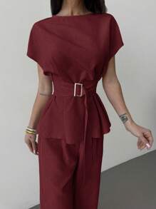 Firerie 春夏新款优雅杏色亚麻竹节领收腰系带上衣&高腰直筒阔腿裤通勤套装亚麻休闲套装度假套装