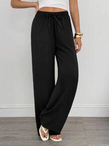SHEIN Tall Quần ống rộng ống đứng màu trơn thoải mái, dễ mặc, có dây rút dùng hàng ngày cho nữ - màu đen - Xem 5