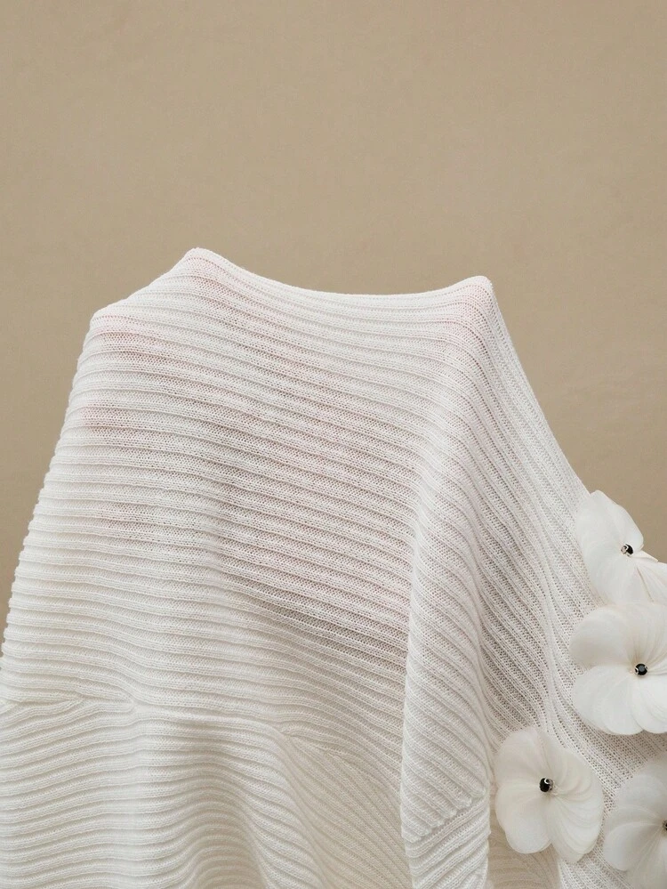 Suéter Elegante de Tricô Feminino com Gola Redonda, Manga Longa, Feito à Mão em Crochê Floral, para Outono e Inverno