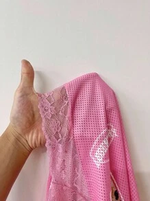 Coolane Áo thun cổ chữ V ren họa tiết số Y2K cơ bản dành cho nữ mùa hè cỡ lớn - Hồng - Xem 8