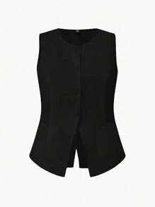 SHEIN EZwear Plus Size Black Sleeveless Casual Waist Coat Vest For Holiday, Spring/Summer,Business Casual Woman Graduation,Back To School,Teacher Outfits For Women In Fall/Winter