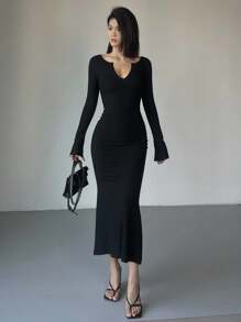 Strévra Women's V-Neck Wrap Long Sleeve Midi Dress,Fall Women Clothes - Black - View 4