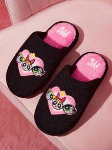 THE POWERPUFF GIRLS X SHEIN 时尚卡通刺绣防滑室内拖鞋女童柔软毛绒保暖冬季可爱家居鞋花朵、泡泡和毛茛，耐用鞋底，居家卧室空调房春秋冬 - 黑色 - 查看 9