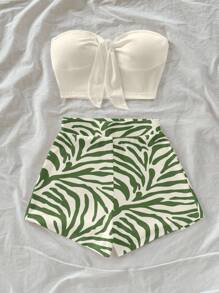 Soleia 休闲度假风格杏色和绿色斑马纹女式短裤搭配黑色抹胸上衣，两件套适合夏季度假 - 彩色 - 查看 4